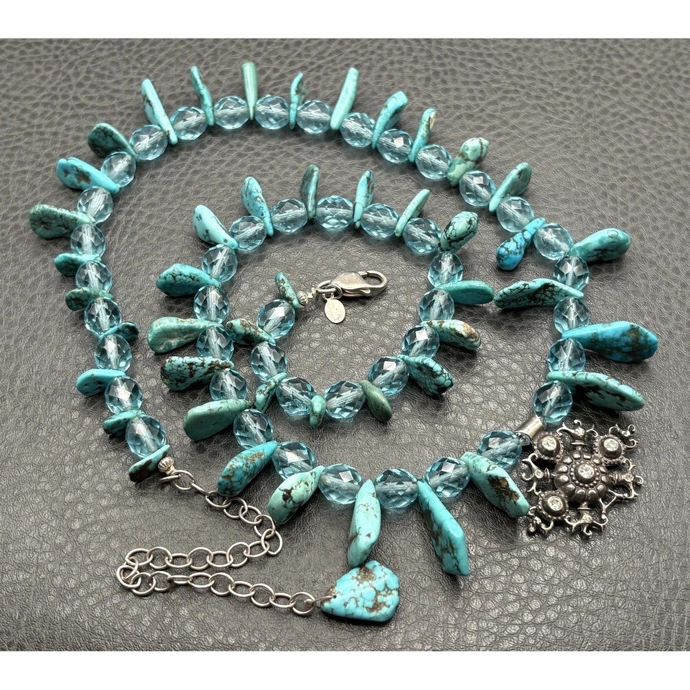 Vintage Olala Turquoise Nugget Sterling Silver Faceted Crystal Pendant Necklace